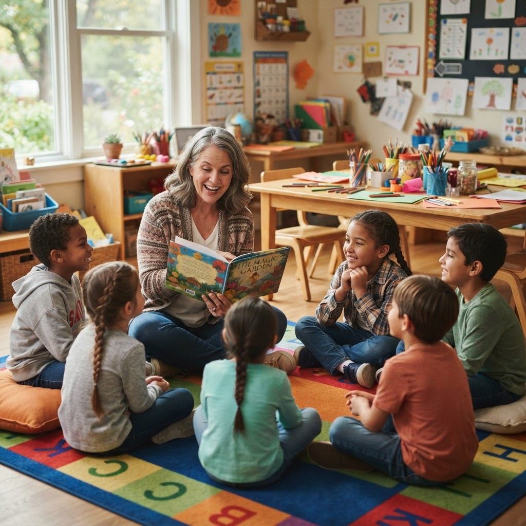 A volunteer reading and teaching a small group of children